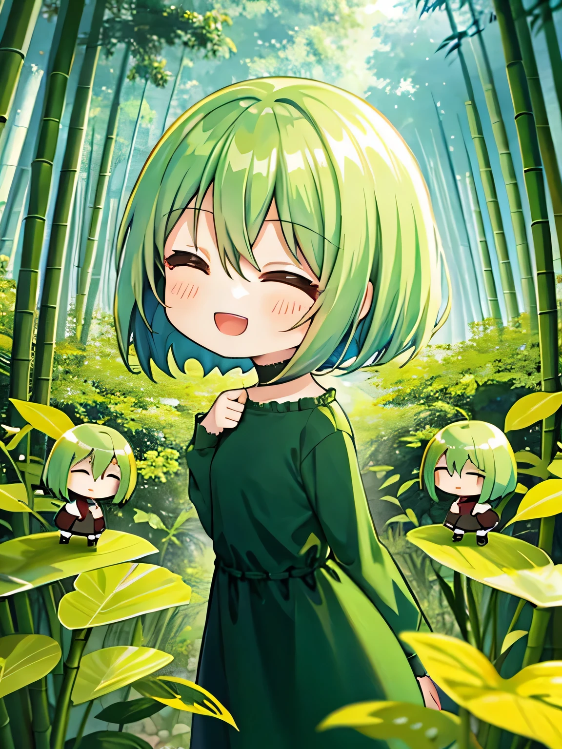 highest quality, amazingly complex, pretty girl, (Chibi:1.6), round eyes, Medium chest, 
close your eyes and smile, :d, dark green hair, bent down, In the bamboo forest, 
(look away:1.2), 
medium hair, bob cut, 
(hair between eyes:1.2), 
, 
(straight hair:1.2), 
, 
, 
, 
From the side, 
portrait, 
yellow dress, 
tube dress, 
,