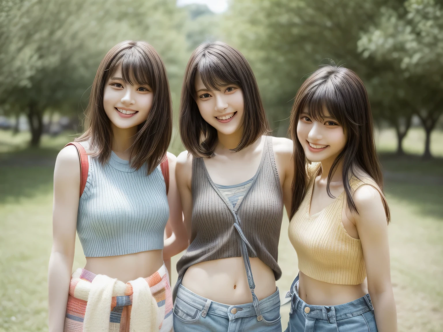 identical twin sisters、K-POPアイドル、With bangs、women sexy、laughter、Tank top、Carrying a rucksack、shorts、espadrilles、At the campsite