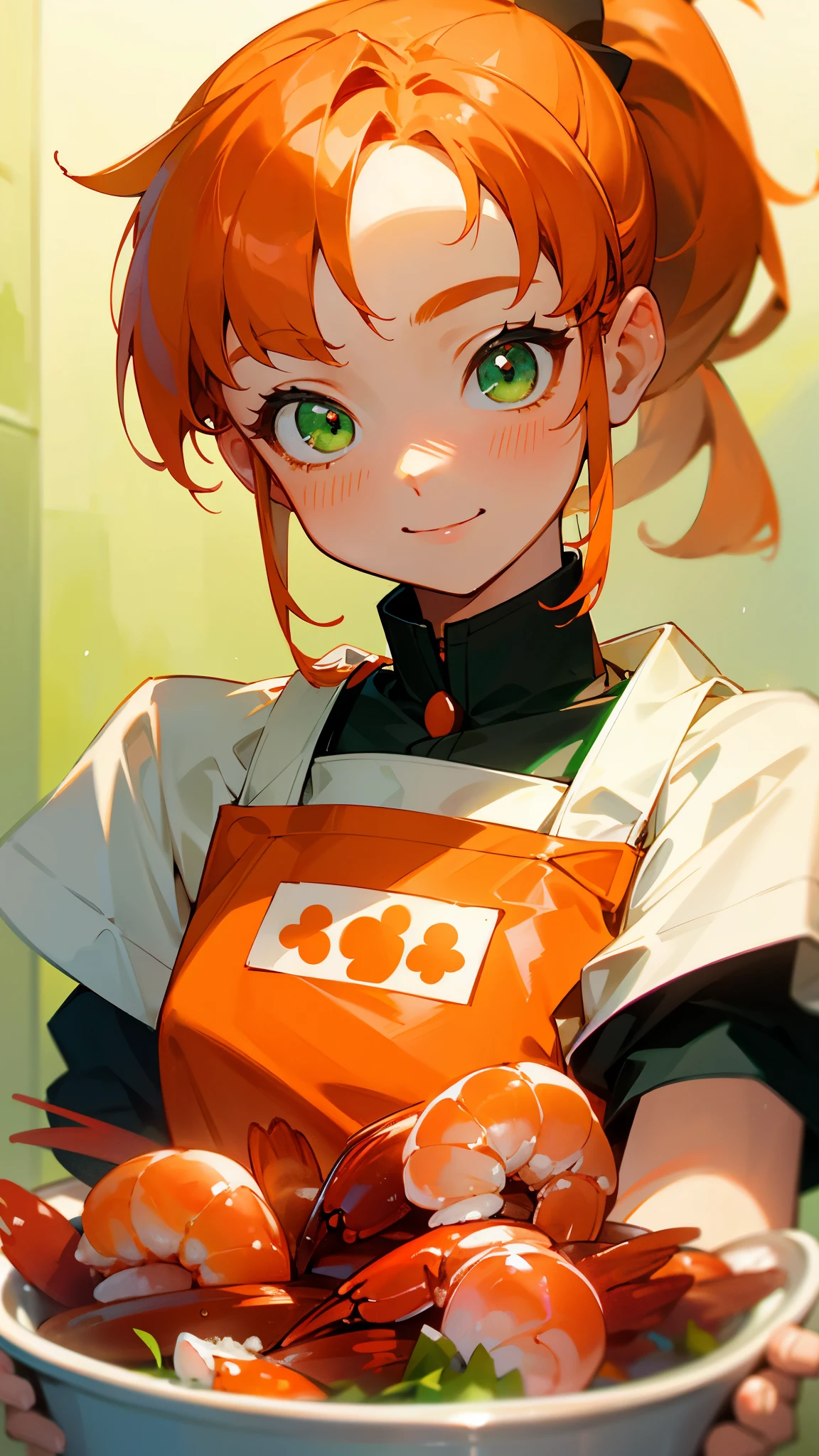 15 year old girl、Cute shrimp girl、Cook delicious food in the kitchen、orange hair、ponytail、beautiful green eyes、apron、Beautiful smile、upper body close-up