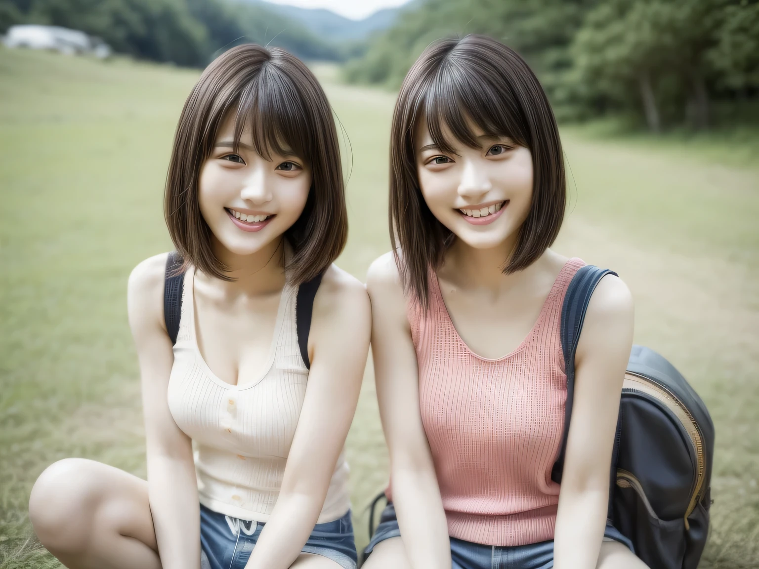 identical twin sisters、K-POPアイドル、With bangs、women sexy、laughter、Tank top、Carrying a rucksack、shorts、espadrilles、At the campsite