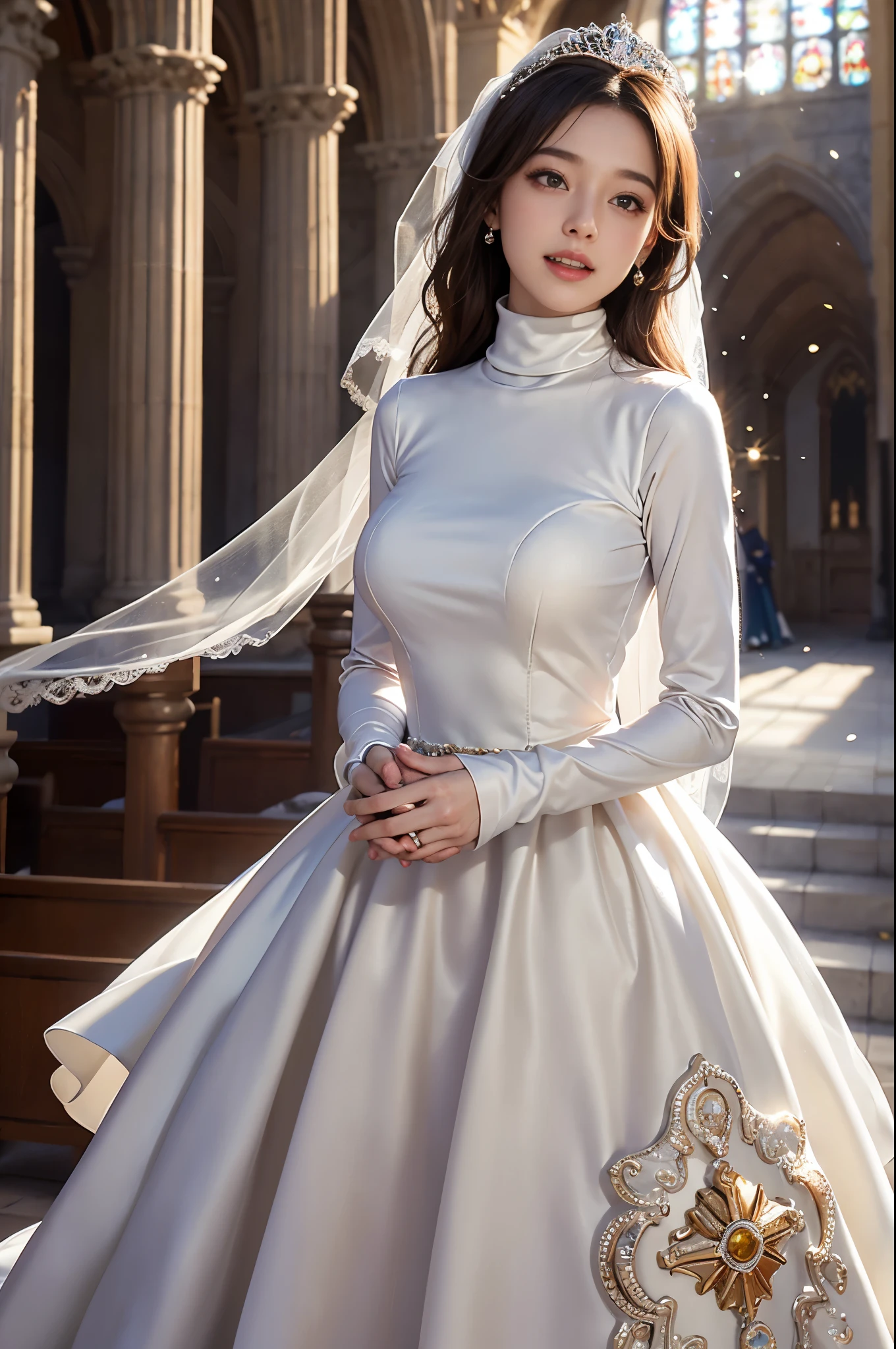 best quality, masterpiece, 1 girl, huge laugh, cute , shiny lips, sweet, sun glare, Conservative attire, turtleneck wedding dress, bridal tiara, depth of field, blurred background, Cathedral Background, light particles, strong wind, head tilt