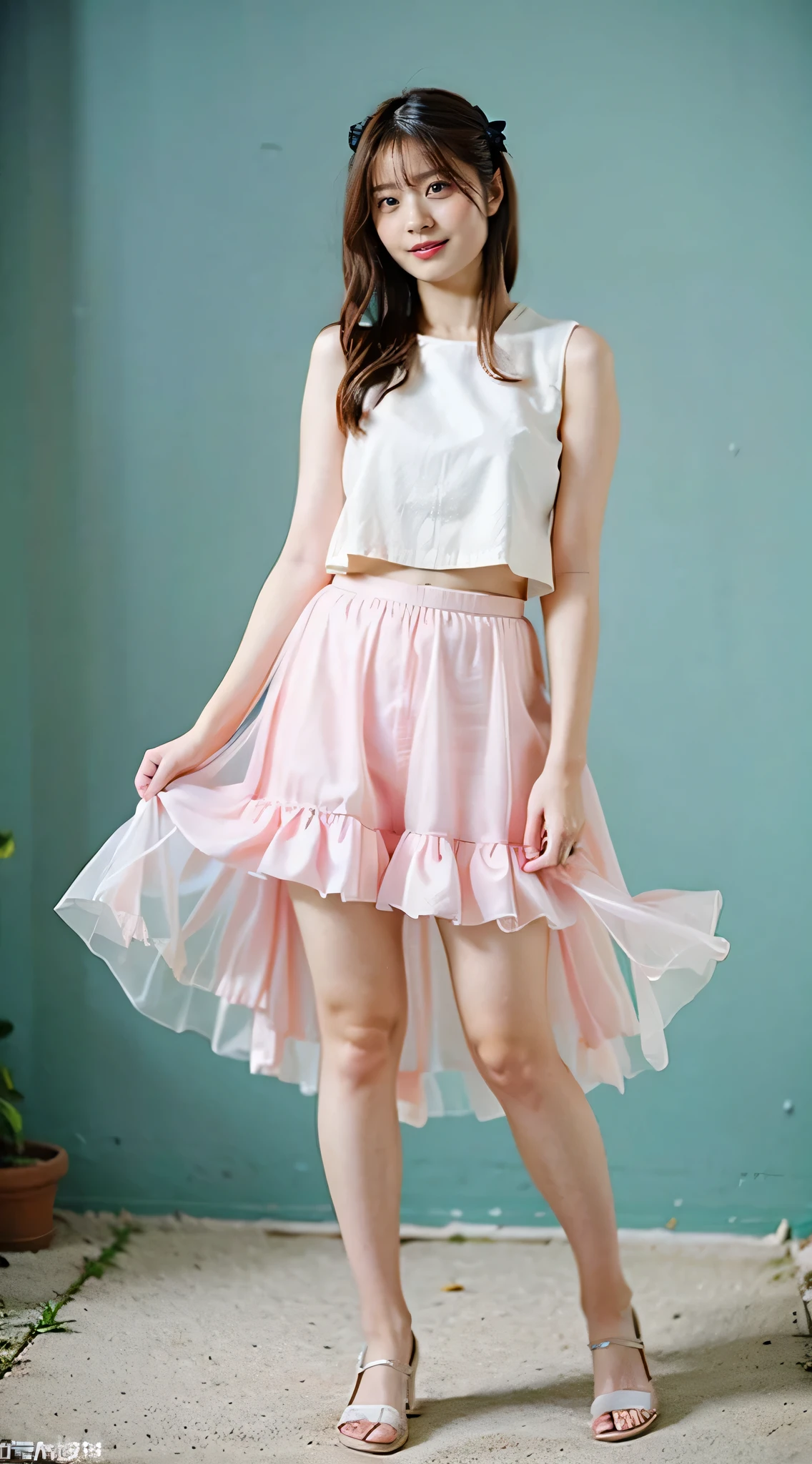 (8K、Raw photo、highest quality、masterpiece:1.2)、(realistic、Photoreal)、1 girl、((mini skirt、frills、Pink see-through、Seen from the front、Bedroom、Are standing))、lots of eyelashes、Glitter on your eyelids、skeletally correct