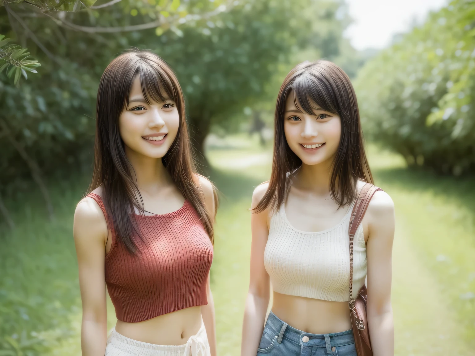 identical twin sisters、K-POPアイドル、With bangs、women sexy、laughter、Tank top、Carrying a rucksack、shorts、espadrilles、At the campsite