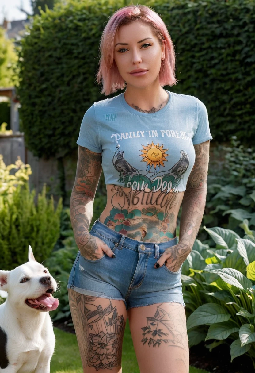 realistic, 8K, Laurence bedard is in her garden playing with her dog and wearing denim shorts and a T-shirt, her full body tattoo can be seen and its sunny day, hot, the garden is the setting for the background