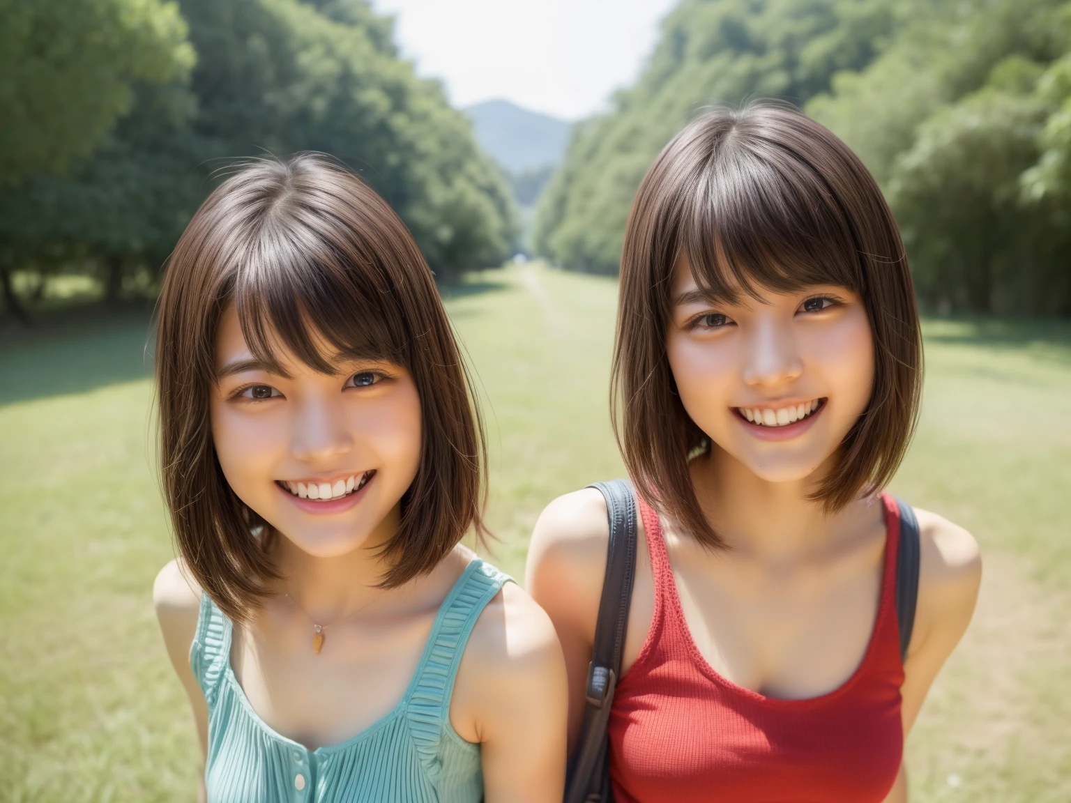 identical twin sisters、K-POPアイドル、With bangs、women sexy、laughter、Tank top、Carrying a rucksack、shorts、espadrilles、At the campsite