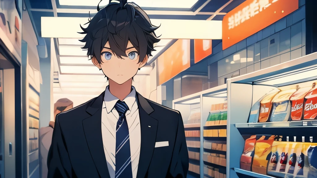 24-year-old office worker、Hair is black、He is tall、eyes are big、Eyes are black、suit figure、Refreshing、Handsome guy、night、Inside a convenience store、