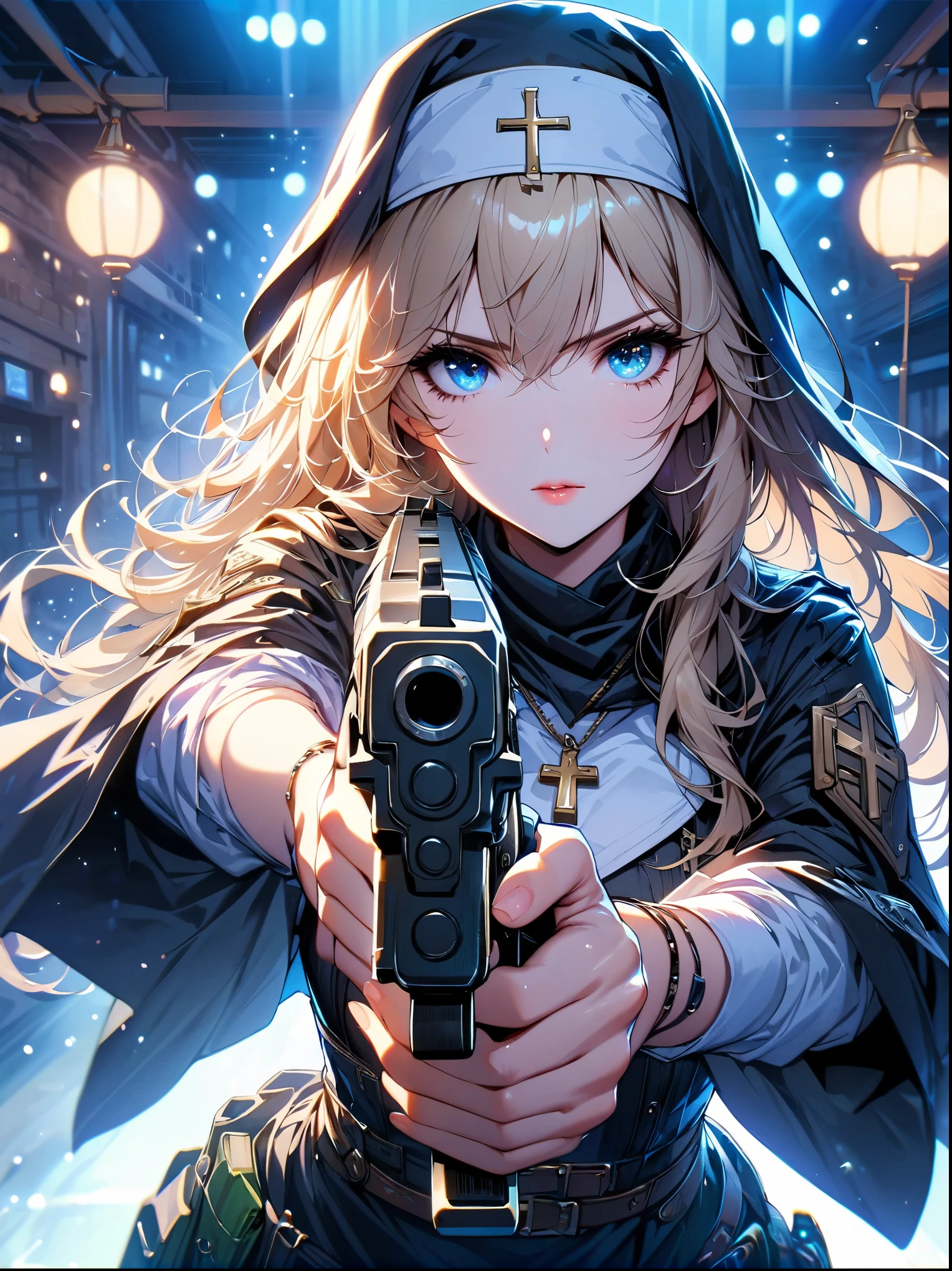 (best quality:1.2), 1 girl, standing_split, Nun, cross pendant, long hair, blonde, nun clothes,Black headwear, Black Dress, turtleneck, long sleeves, Beautiful and delicate eyes, Beautiful and delicate lips, Extremely detailed eyes and face, long eyelashes, bright colors, professional, Super detailed, actual, studio lighting, Physically based rendering,holding gun with both hands,Aim at you