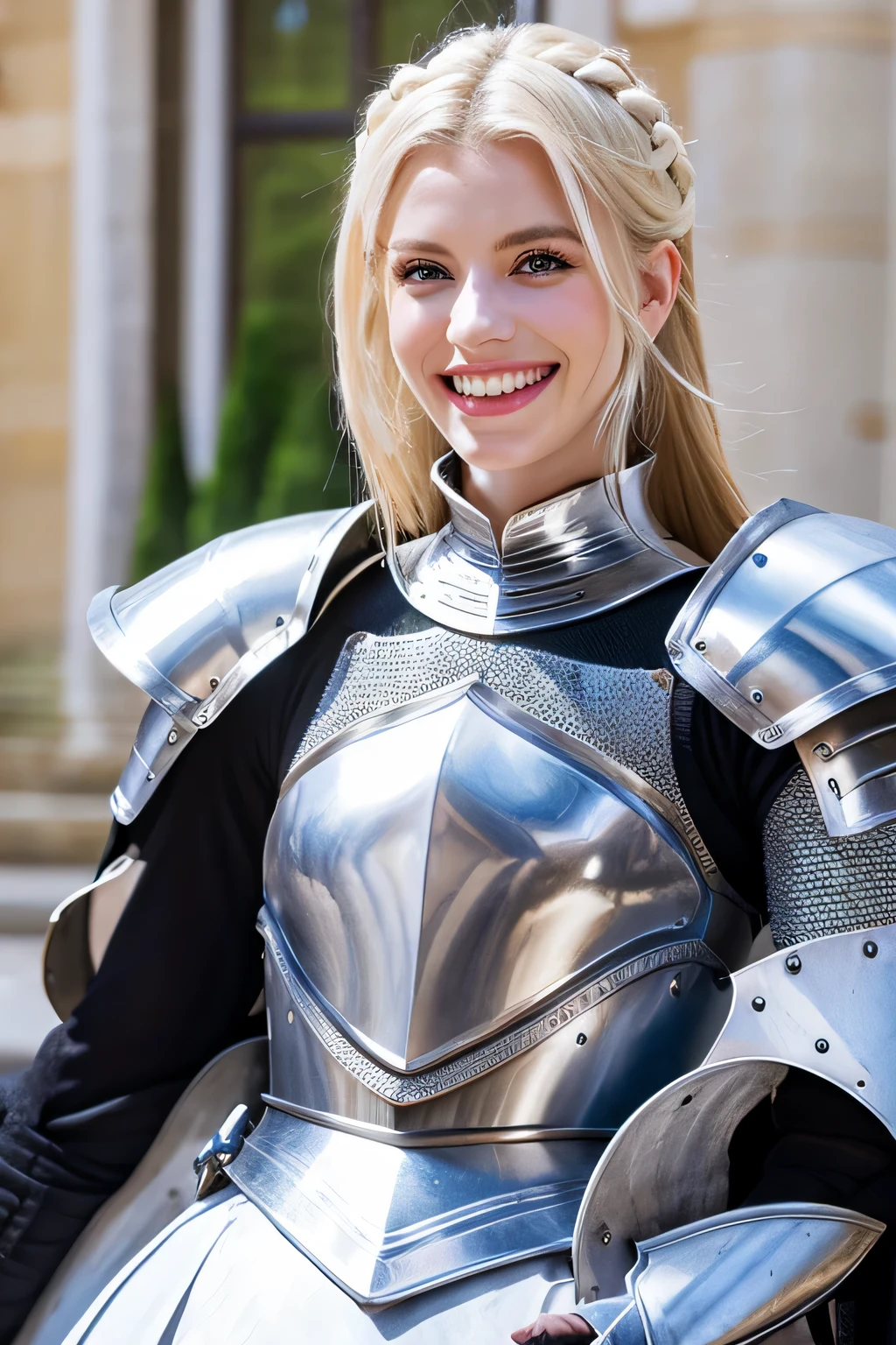 ８Ｋ、highest quality、female knight、The background is the interior of the castle..、Luxurious Silver Armor、、hairstyle shortcut、smile、beautiful teeth、full body photo、ear piercing、blonde、white woman、blue eyes、heavy makeup、

