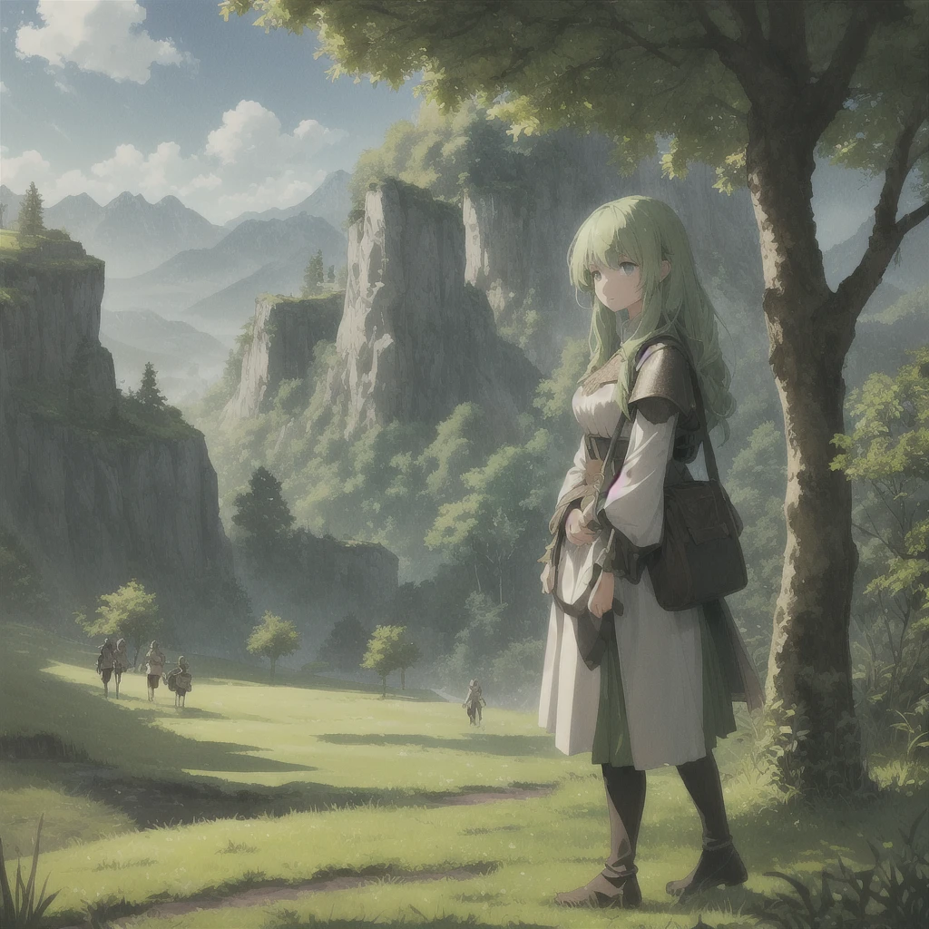 A girl standing on the green grass,Leading a group of knights.
BREAK With a brave face, She guided them to their destination..
break behind her, A green forest stretches into the distance, Mountains rise in the distance.
BREAK The best effect for this scene is the watercolor technique,to capture the softness of grass and the smoothness of movement.