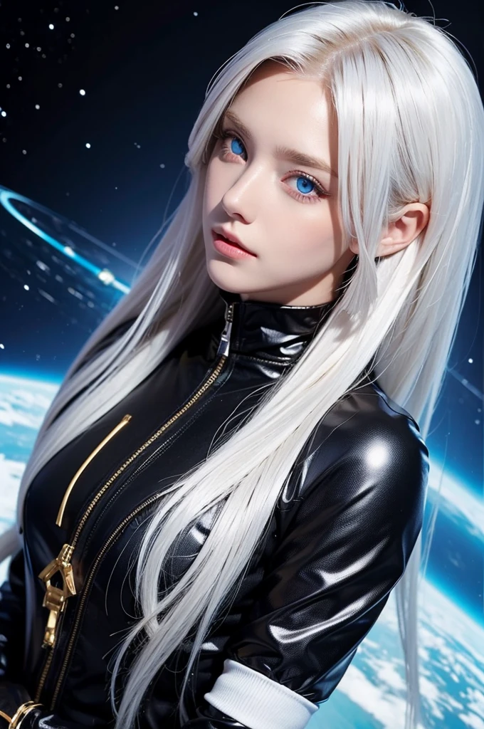 woman and ,golden white hair,blue eyes,,,black space suit