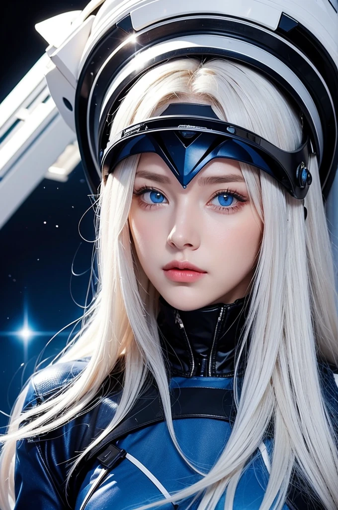 woman and ,golden white hair,blue eyes,,,black space suit