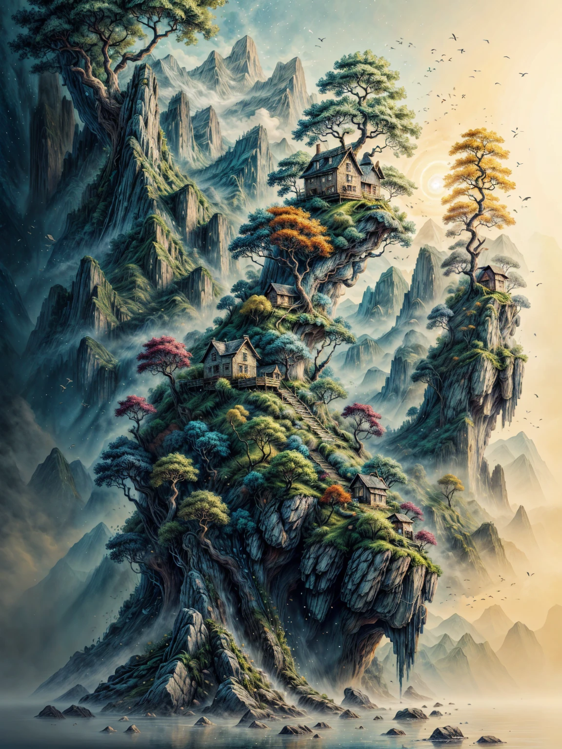 a painting of a small island with a tree and a house on it, 4k highly detailed digital art, 4k detailed digital art, 4k detailed art, detailed painting 4 k, beautiful art uhd 4 k, 4 k highly detailed art, highly detailed 4 k art, 8k stunning artwork, scenery artwork, 4k fantasy art, detailed 4 k painting