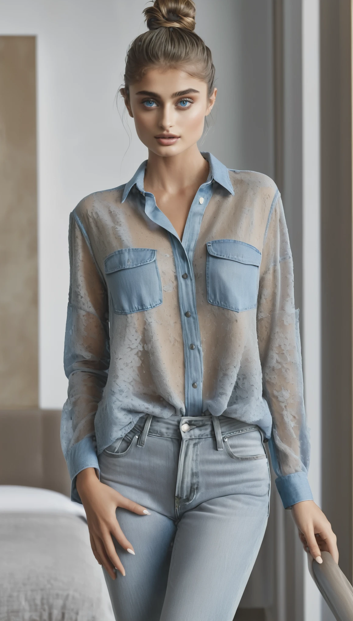 Taylor Hill in full body shot portrait of as beautiful model, blue eyes, light grey see-through shirt, jeans, fashion shot, editorial, highly detailed, masterpiece, high contrast, hotel suite background, messy bun brown with (blonde:0.7) highlights hairstyle