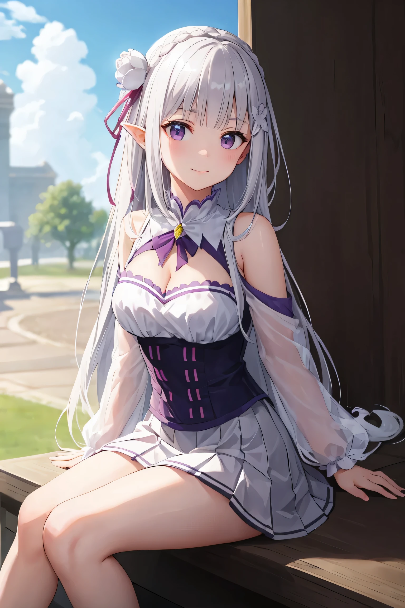 top-quality、hight resolution、ultra-detailliert、Emilia、Emilia Masterpiece、top-quality、 1girl in, bangss, Bare_shoulders, blunt_Bangs, bblurry, Blurry_Background,Braids, breastsout,cleavage of the breast, sitting,Closed_Mouth, clouds, diadems_braid, tag, Depth_in the_field, Emilia_eyebrows_Visible_through_hair, florals, Pedras preciosas, hair_flower, hair_ornament detached, hair_bow ribbon, lens_f lare,long_hair, up, low-tied_long_hair, Medium_breasts,plein air, pleats_Skirt, spiky_Ears, Purple_Eyes, Purple_bow ribbon, bow ribbon, Silver_hair, skirt by the, smile very_long_hair, white_flower