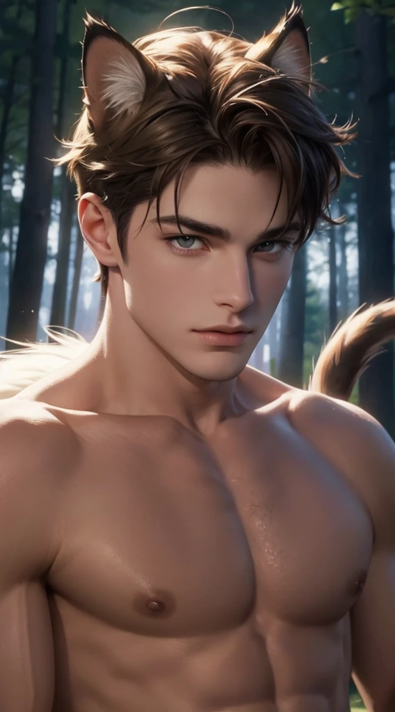 4k, high resolution, best quality, masterpiece, perfect color, perfect shade, perfect lighting, Posted by e621, ((portrait)), ((handsome man)), perfect male figure, Short hair details，Naked torso，Detailed face, perfect face, (stood up), Detailed background, ((Bonifasco Lighting)), (delicate eyes),(animal ears：cat)，((big fluffy tail))，tattoo，((forest))，emaciated