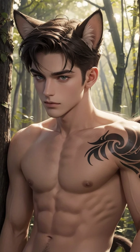 4k, high resolution, best quality, masterpiece, perfect color, perfect shade, perfect lighting, Posted by e621, ((portrait)), ((handsome man)), perfect male figure, Short hair details,Naked torso,Detailed face, perfect face, (stood up), Detailed background, ((Bonifasco Lighting)), (delicate eyes),(animal ears:cat),((big fluffy tail)),tattoo,((forest)),emaciated