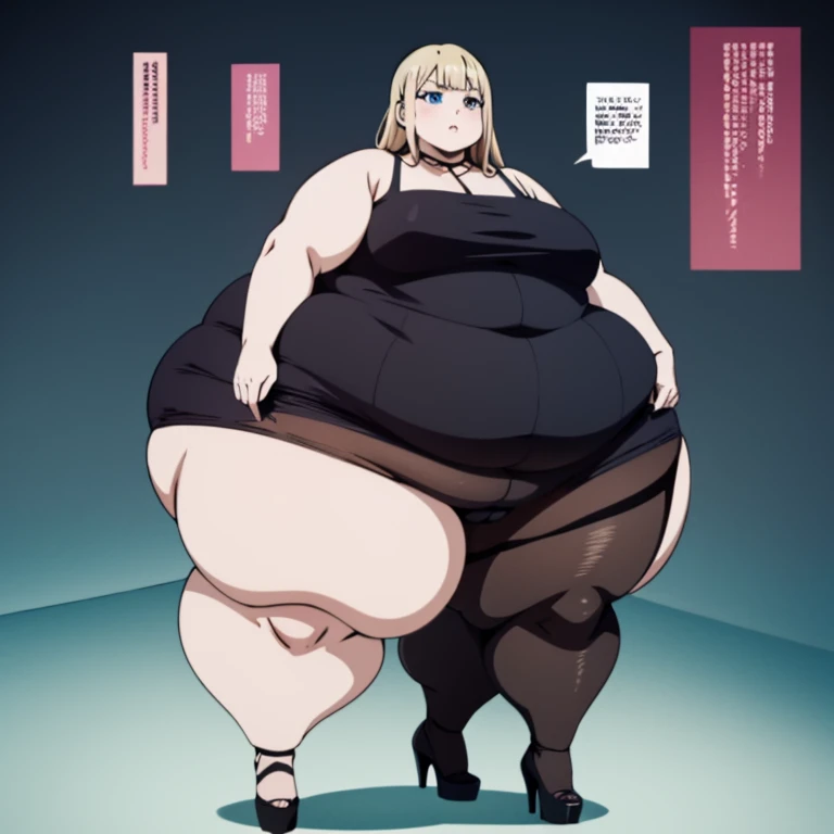 1girl, ((((bottom heavy figure)))), plump, incredibly plump, (((big belly))), pout, embarassed, wide, (((obese))), (((fat))), ((love handles)), double chin, out of shape, obese, fatty, (((flat chest))), tall woman, (milf), big height, mature, standing, full body, bbw, ssbbw,, Hyasaka Ai, blonde hair, blue eyes, very long hair, black bikini, pantyhose, high heels