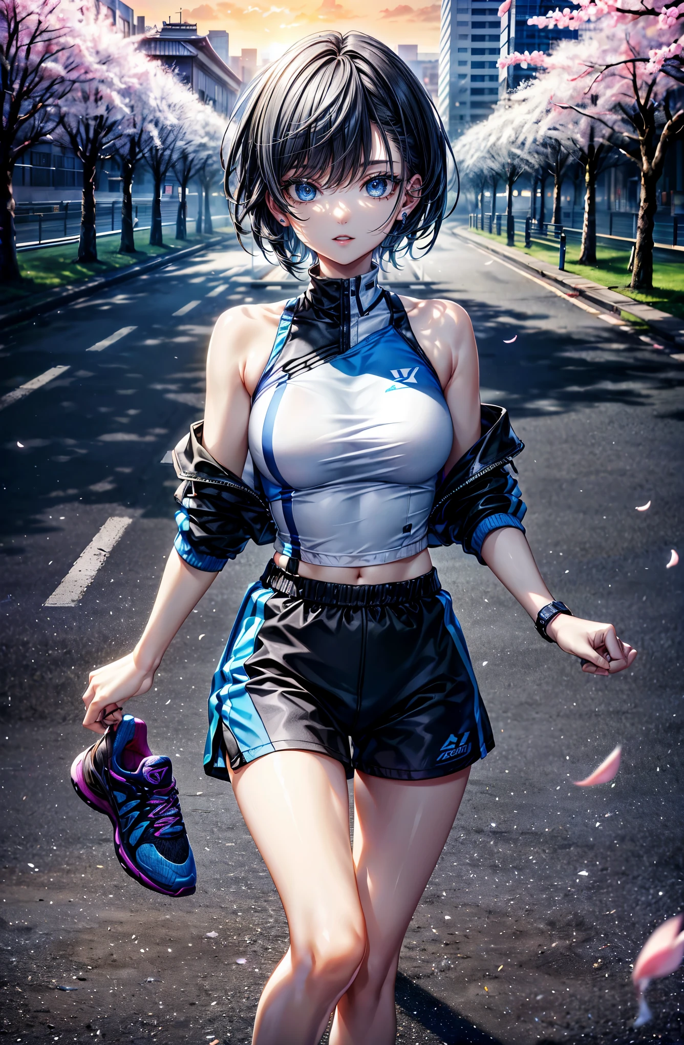 hyper quality、8K quality、High resolution、Image quality captured with a single-lens reflex camera、(software)、perfect anatomy、(Black Grey Short Hair、shoulder length hair:1.2)22 year old beauty.Mature face、blue eyes(Sharp look:1.4)(Good shape and normal breasts)
BREAK
(Wear a blue sporty outfit with lines、running shoes:1.3)
(Taking a break from running)
turn to the side(perfect anatomy:1.4)break(watch the sunrise、cherry blossoms、look away:1.2)(early morning、Quiet city:1.3)(cherry blossoms並木がある公園)