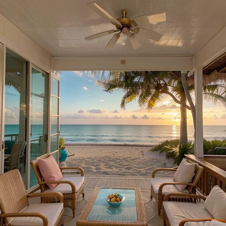 As you step onto the wooden deck of the beach house, a gentle breeze carries the scent of saltwater and tropical blooms. The sound of crashing waves fills the air, creating a soothing symphony that lulls you into relaxation.
The beach stretches out before you, a vast expanse of soft golden sand dotted with colorful umbrellas and lounging chairs. Crystal-clear turquoise waters lap at the shore, inviting you to take a dip and cool off from the warm sun overhead.
Palm trees sway gracefully in the breeze, their fronds casting dappled shadows on the ground below. A hammock beckons from the shade, inviting you to sway gently as you admire the breathtaking ocean view.
The beach house itself is a picture of coastal elegance, with whitewashed walls and large windows that frame panoramic views of the sea. A spacious veranda offers ample seating for alfresco dining or sunset cocktails, while a private pool sparkles invitingly in the sunlight.
As the day fades into evening, the sky comes alive with a riot of colors - hues of pink, orange, and gold that paint the horizon in a mesmerizing display. You settle into a comfortable chair, a glass of wine in hand, and watch as the sun sinks below the waves, casting the beach house in a warm, golden glow. It's a scene straight out of a postcard, a tranquil oasis where time seems to stand stillwater