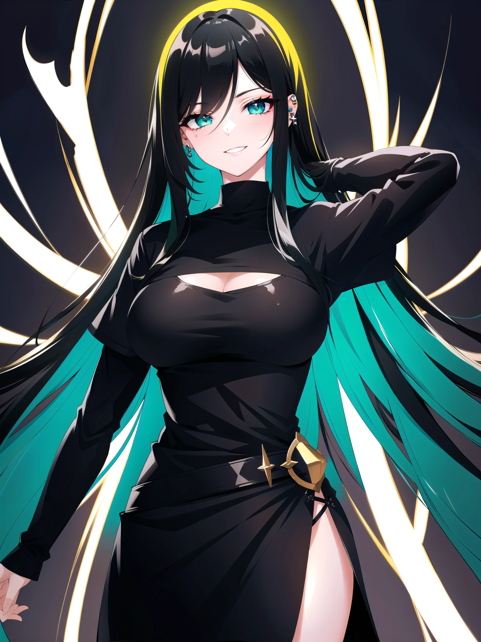 score_9, score_8_up, score_7_up, masterpiece, best quality, highly detailed, 1girl, pale skin, green eyes, thick black eyelashes, black eyeliner, dark eyeshadow, neon green hair, long hair, mohawk, big breasts, oversized black t-shirt, ear piercings, looking at the viewer, bedroom eyes, seductive smile, g0thicPXL, glowing hair, glowing eyes, neon, arm behind head, arched back, dark background, cowboy shot, thick white character outline