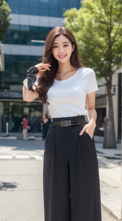 ((Best quality, 8k, Masterpiece :1.3)), 1girl, smiling, full body, slim face, Pretty woman, (Dark brown hair), grey long culottes with woman black belt, Ultra-detailed face, Detailed eyes, Double eyelid, blur background, slim face, city, outside, street,