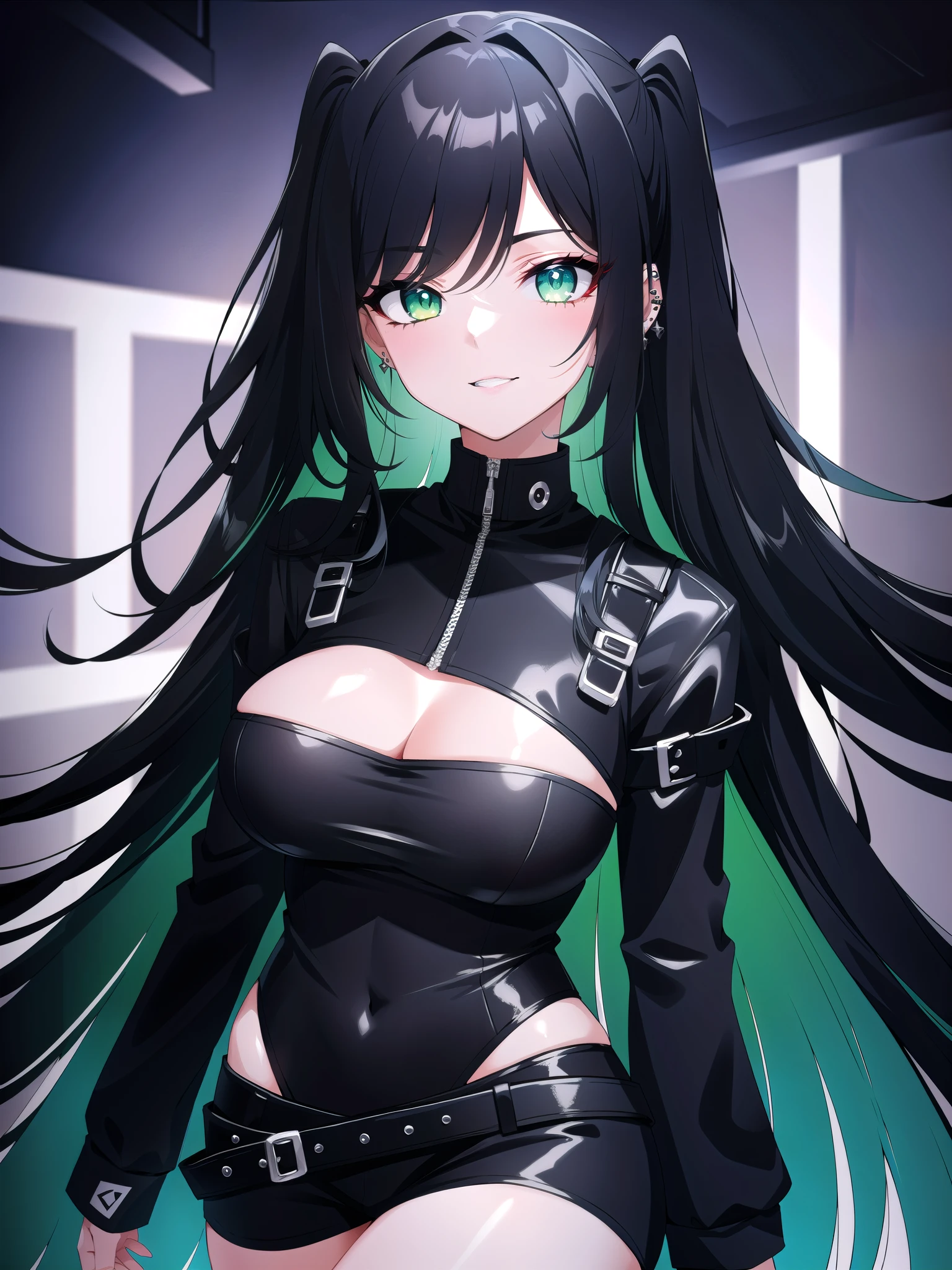 score_9, score_8_up, score_7_up, masterpiece, best quality, highly detailed, 1girl, pale skin, green eyes, thick black eyelashes, black eyeliner, dark eyeshadow, neon green hair, long hair, mohawk, big breasts, oversized black t-shirt, ear piercings, looking at the viewer, bedroom eyes, seductive smile, g0thicPXL, glowing hair, glowing eyes, neon, arm behind head, arched back, dark background, cowboy shot, thick white character outline