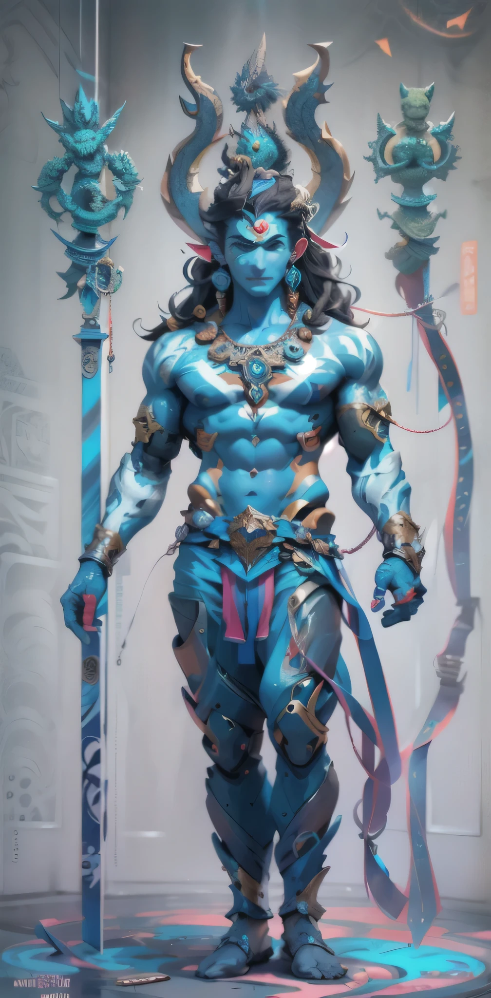 full body shiva, lord shiva, god shiva the destroyer, hindu god, inspired by Kailash Chandra Meher, attractive male deity, cyborg hindu godbody, indian god, devainart, blue djinn, vishnu, serene expression,masterpiece,8k,detailed face,detailed face, high-definition system details, sharpness, rich color, hyper-realistic texture, spectacular light texture, surreal art, Cinestil 800 fashion movement, correct anatomy,