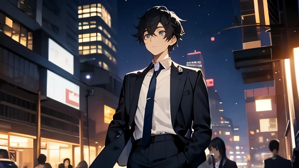 24-year-old office worker、Hair is black、He is tall、eyes are big、Eyes are black、suit figure、Refreshing、Handsome guy、night、Walking outside、looking up