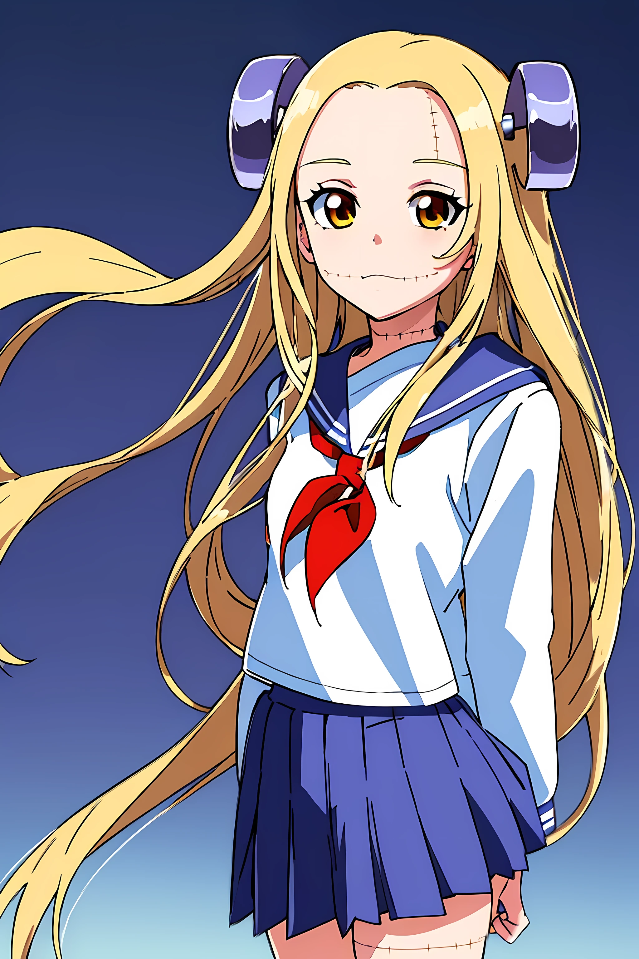 (highest quality:1.3),(ultra-become familiar with:1.5),High resolution,extremely become familiar with CG,unity 8k wallpaper,official art,become familiar with,super become familiar with skin,perfect anatomy,beautiful become familiar with eyes,(anime screenshot:1.11),very delicate and beautiful,(90s anime,90s anime style,cel shaded anime:1.17),1 girl,anmnr, 
madaraki_fran,Light blonde long hair,brown eyes,,stitch,body scars,Creepy look,closed mouth smile,Drooping eyes,(serafuku:1.7),