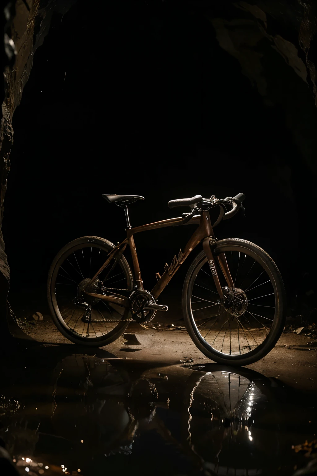 (Best quality, Ultra high-definition, Cinematic masterpiece: 1.1),
A hidden gem - A few sports bicycles,
Kept in a secluded cave,
Dark, damp environment,
Motor off, silence reigns,
Intricate details of rusted frames,
Highly detailed tyres and pedals,
High contrast, backlit by the flickering cave light,
Shallow depth of field, blurry background,
Close-up shot, steadfast focus on the bicycles,
High definition reflection on the still water of the cave pool,
Photorealistic, raw textures,
Detailed, weathered leather seats,
Pat