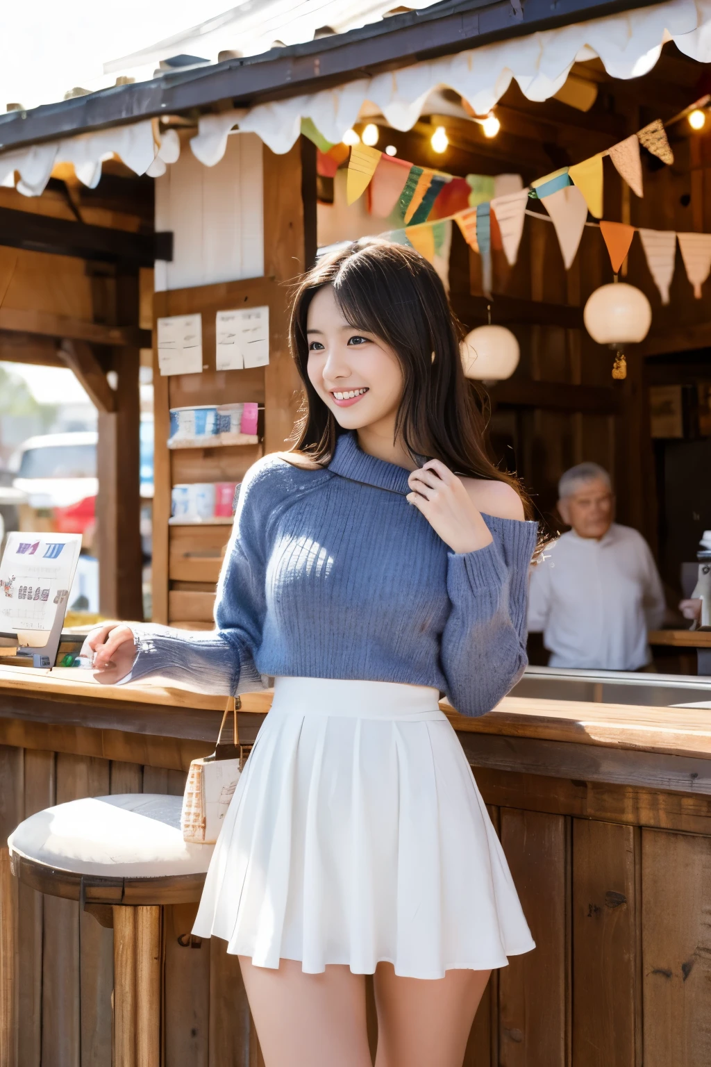 1 girl,full body shot、Japanese,, medium black hair,a little freckles,big breasts、Work at a traditional Japanese food stall,proper body proportions,Super high quality output image,High resolution,intricate details,Her hair blowing in the wind is so delicate and beautiful,realistic pictures,dream-like,professional lighting,realistic shadow,focus only,beautiful hands,tight waist、beautiful fingers,Detailed characteristics of hair,detailed facial features、White small high-leg panties,dynamic pose、wear light knitwear、Detailed panty fabric texture and wrinkles、Ultra Photorealistic、Maximum number of pixels、8K、Shyly showing teeth and smiling、Small silver earrings、Wearing a thin flared skirt for spring