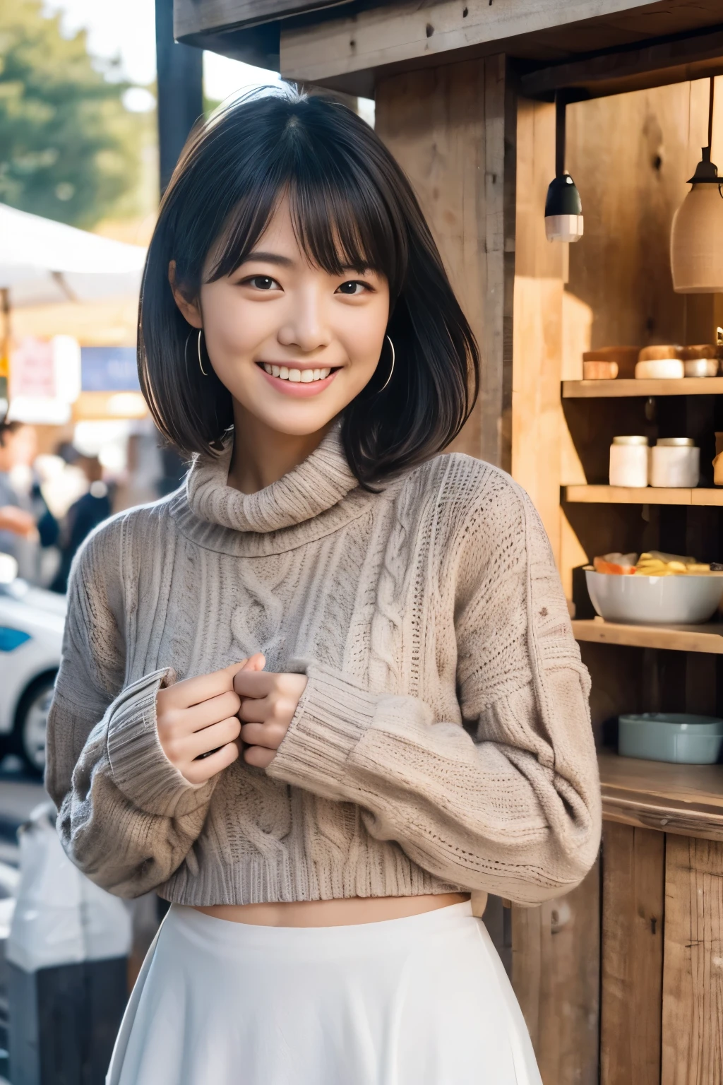 1 girl,full body shot、Japanese,************, medium black hair,a little freckles,big breasts、Work at a traditional Japanese food stall,proper body proportions,Super high quality output image,High resolution,intricate details,Her hair blowing in the wind is so delicate and beautiful,realistic pictures,dream-like,professional lighting,realistic shadow,focus only,beautiful hands,tight waist、beautiful fingers,Detailed characteristics of hair,detailed facial features、White small high-leg panties,dynamic pose、（wear light knitwear）、（Detailed panty fabric texture and wrinkles）、Ultra Photorealistic、Maximum number of pixels、８K、Shyly showing teeth and smiling、Small silver earrings、（Wearing a thin flared skirt for spring）