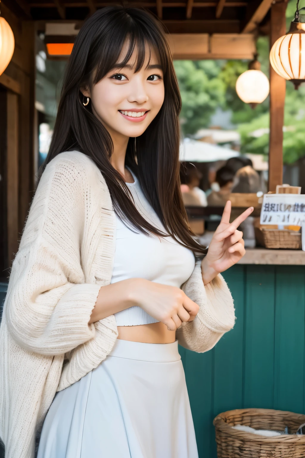 1 girl,full body shot、Japanese,************, medium black hair,a little freckles,big breasts、Work at a traditional Japanese food stall,proper body proportions,Super high quality output image,High resolution,intricate details,Her hair blowing in the wind is so delicate and beautiful,realistic pictures,dream-like,professional lighting,realistic shadow,focus only,beautiful hands,tight waist、beautiful fingers,Detailed characteristics of hair,detailed facial features、White small high-leg panties,dynamic pose、（wear light knitwear）、（Detailed panty fabric texture and wrinkles）、Ultra Photorealistic、Maximum number of pixels、８K、Shyly showing teeth and smiling、Small silver earrings、（Wearing a thin flared skirt for spring）