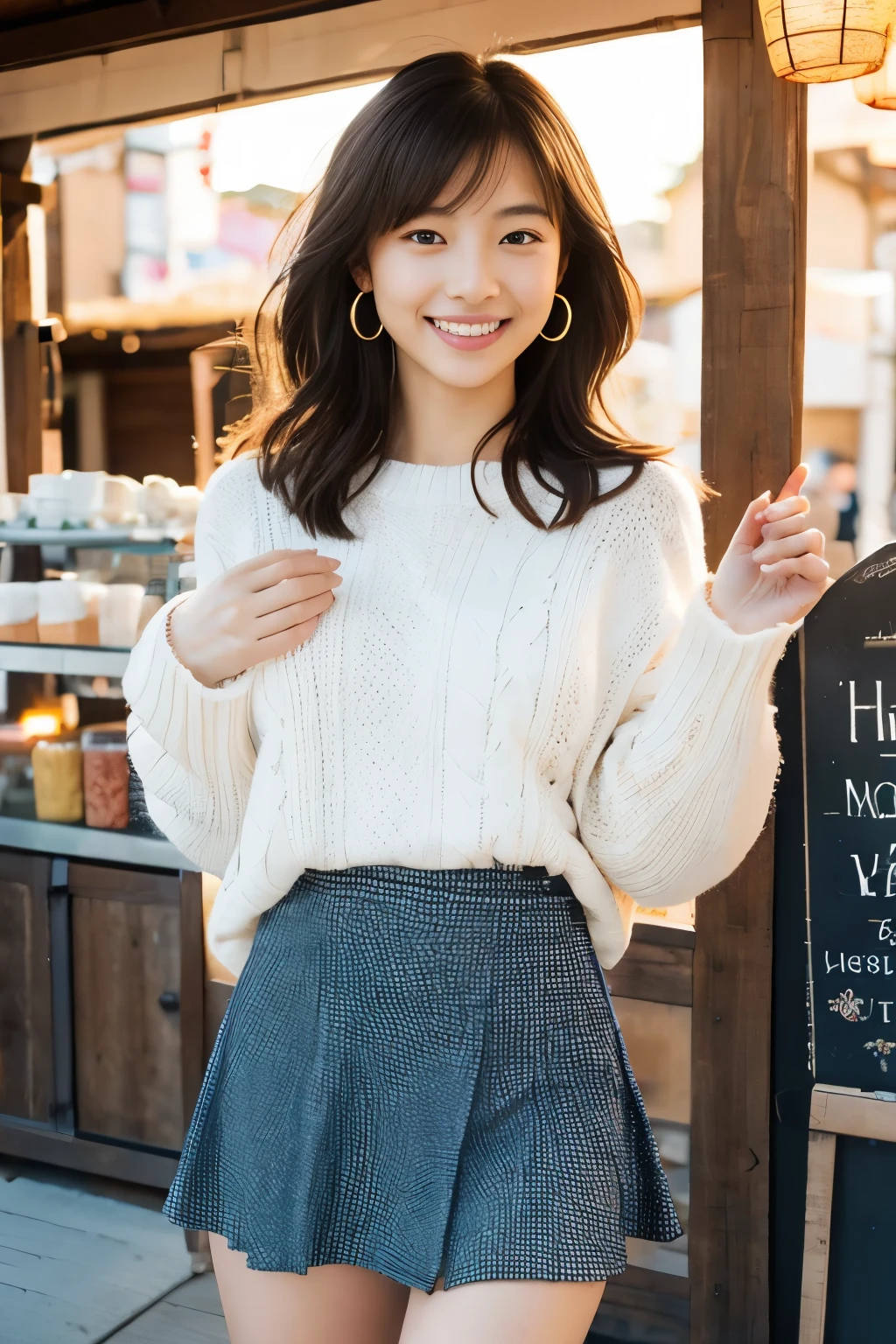 1 girl,full body shot、Japanese,************, medium black hair,a little freckles,big breasts、Work at a traditional Japanese food stall,proper body proportions,Super high quality output image,High resolution,intricate details,Her hair blowing in the wind is so delicate and beautiful,realistic pictures,dream-like,professional lighting,realistic shadow,focus only,beautiful hands,tight waist、beautiful fingers,Detailed characteristics of hair,detailed facial features、White small high-leg panties,dynamic pose、（wear light knitwear）、（Detailed panty fabric texture and wrinkles）、Ultra Photorealistic、Maximum number of pixels、８K、Shyly showing teeth and smiling、Small silver earrings、（Wearing a thin flared skirt for spring）