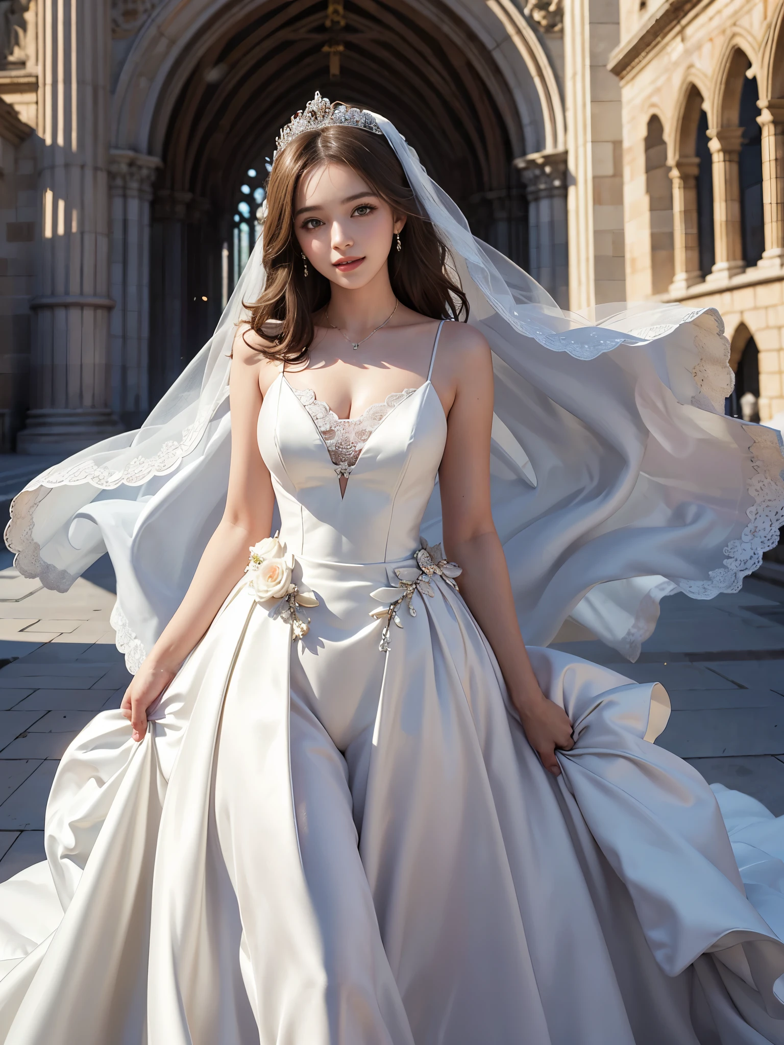 best quality, masterpiece, 1 girl, huge laugh, cute teen, shiny lips, sweet, sun glare, Conservative attire, wedding dress, bridal tiara, depth of field, blurred background, Cathedral Background, light particles, strong wind, head tilt