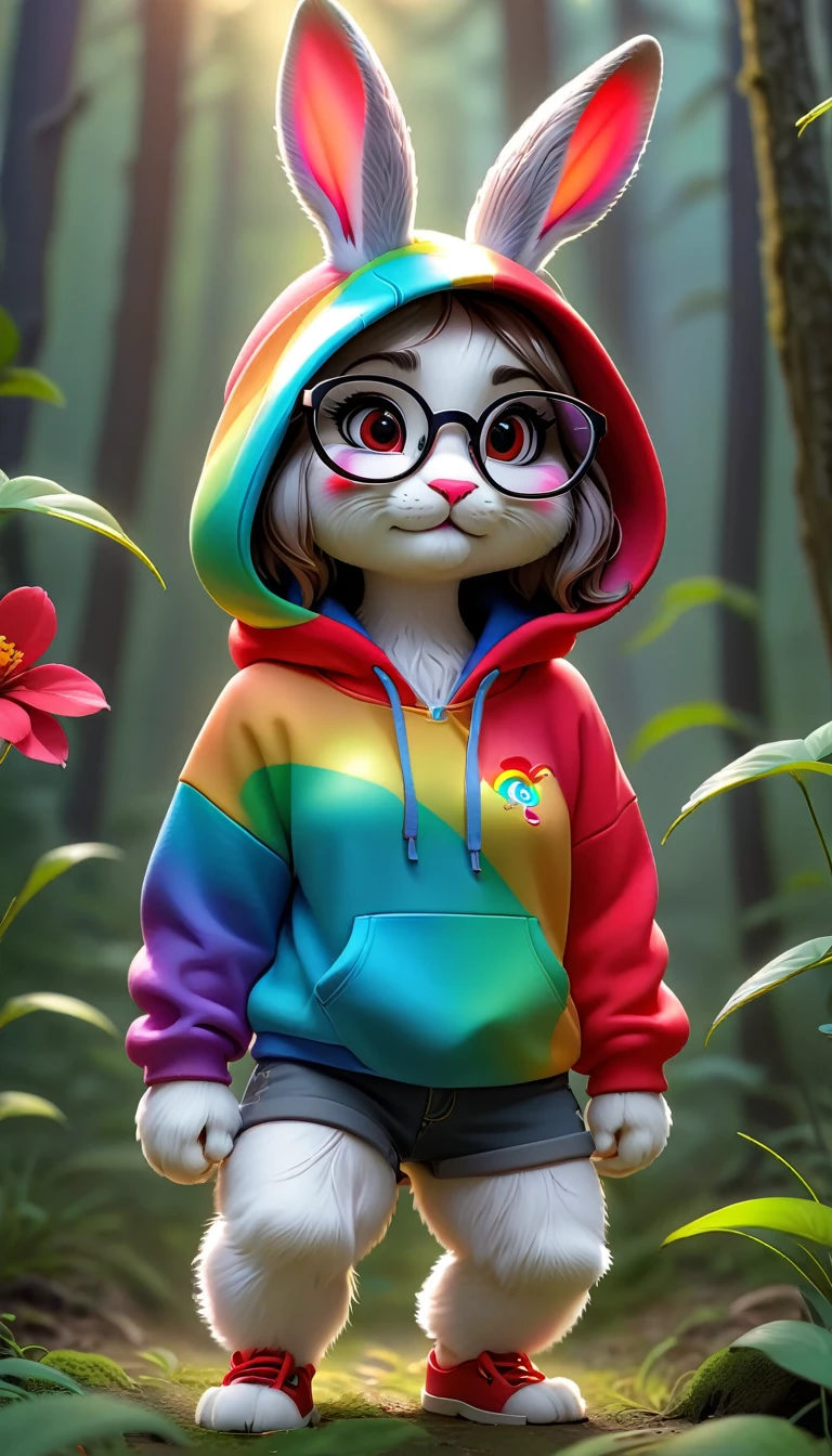 Cute rabbit，hairy，Wearing a rainbow hoodie,Wearing cute glasses。It is female，Because there is a bright red flower on its head.。Stroll through the forest where various animals live.,, Disney and Pixar style, cute numbers, comic characters, 3D rendering, bright lights, bright colors,High level of image quality、for a great job