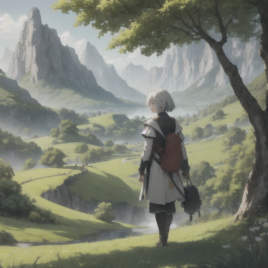 A boy is standing on the green grass,Leading a group of knights.
BREAK With a brave face, She guided them to their destination..
break behind her, A green forest stretches into the distance, Mountains rise in the distance.
BREAK The best effect for this scene is the watercolor technique,to capture the softness of grass and the smoothness of movement.