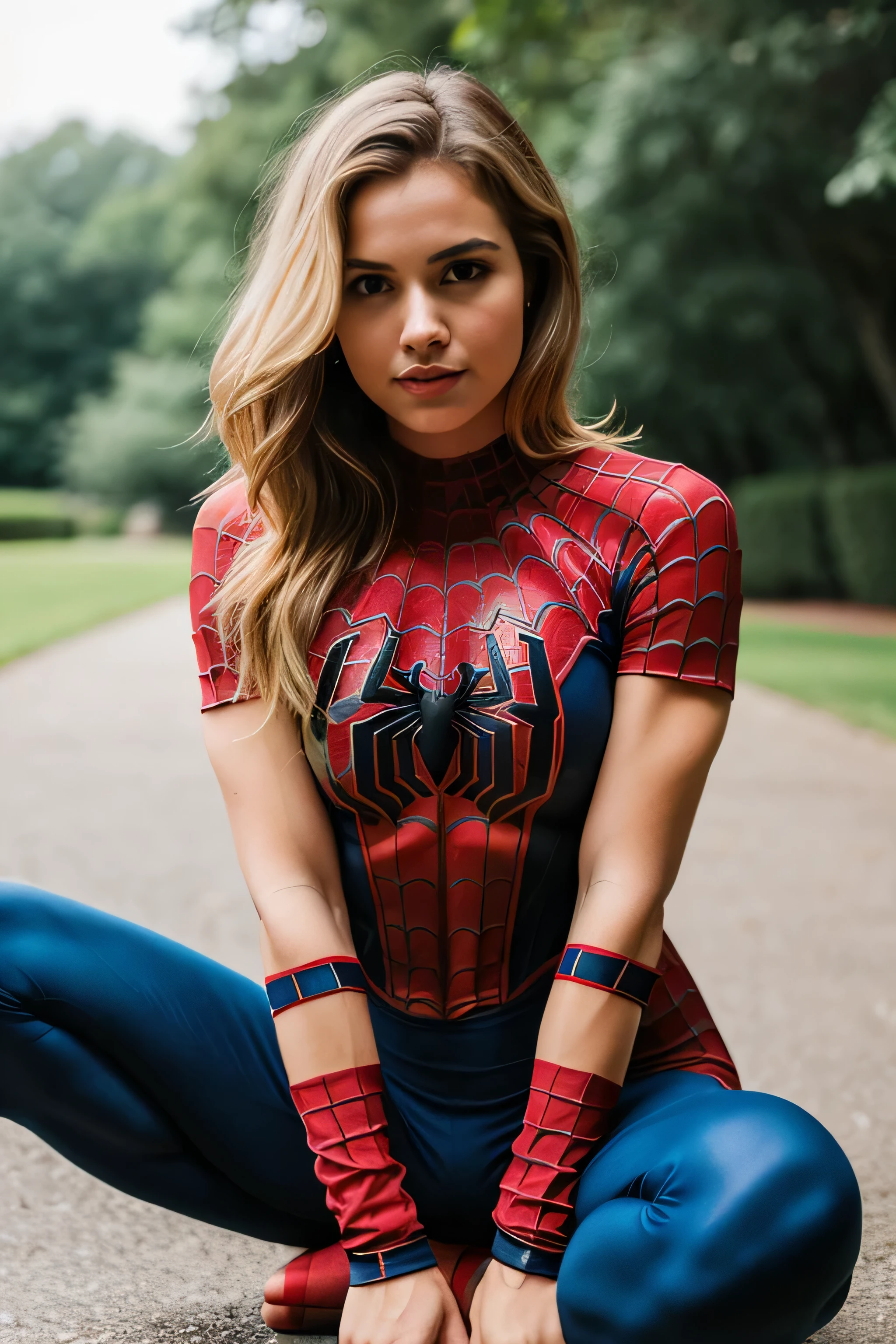 Highly realistic, high definition, 4K, young cute girl , cleavage, wearing Spiderman costume, perfect hair:1.5, bob hair, blonde hair, perfect body:1.5, muscular body, six pack abs, full body view, perfect face:1.5, perfect lips:1.5, perfect eyes:1.5, perfect background, muscles, angry face, sitting pose, spider pose, spider woman, spiderweb as background
