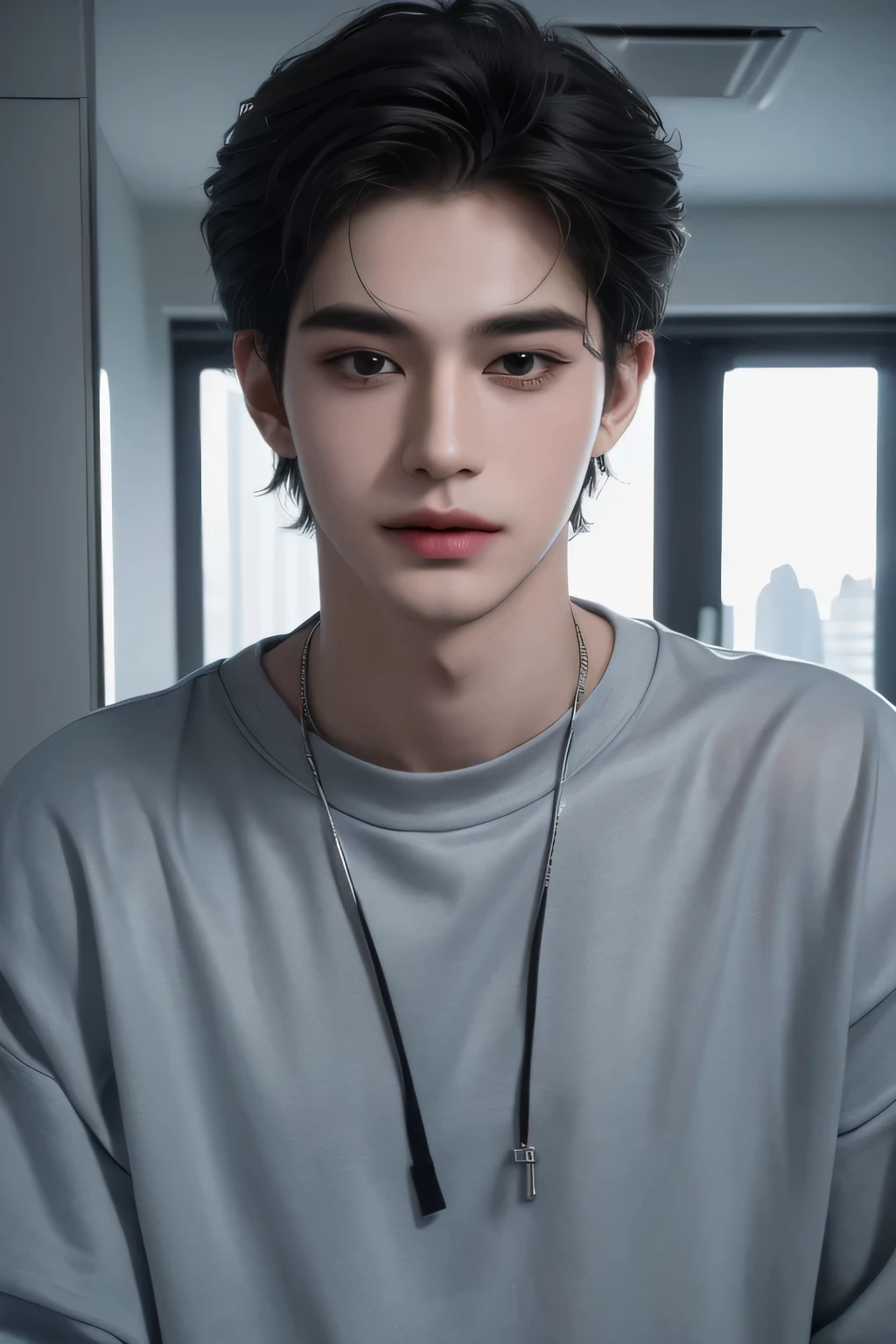 ((highest quality, 8K, masterpiece: 1.3)), New York City、Handsome boy in street fashion:1.5, 20-year-old、Delinquent boy、 well-groomed face, black hair color、thin face、(white skin:1.5)、whole body、black eyes、boy with makeup、Super handsome、y eyes、Extra-fine face, handsome nose, small eyes and face, beautiful lighting, High resolution, detailed mouth, laughing out loud, whole body: 1.5, perfect body shape、super slim,medium hair、STUSSY clothes、silver accessories、Oversized clothes、