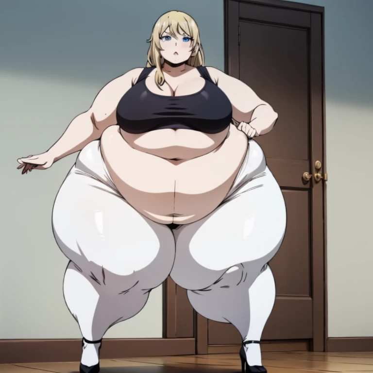 1girl, ((((bottom heavy figure)))), plump, incredibly plump, (((big belly))), pout, embarassed, wide, (((obese))), (((fat))), ((love handles)), double chin, out of shape, obese, fatty, (((flat chest))), tall woman, (milf), big height, mature, standing, full body, bbw, ssbbw,, Hyasaka Ai, blonde hair, blue eyes, very long hair, black bikini, pantyhose, high heels