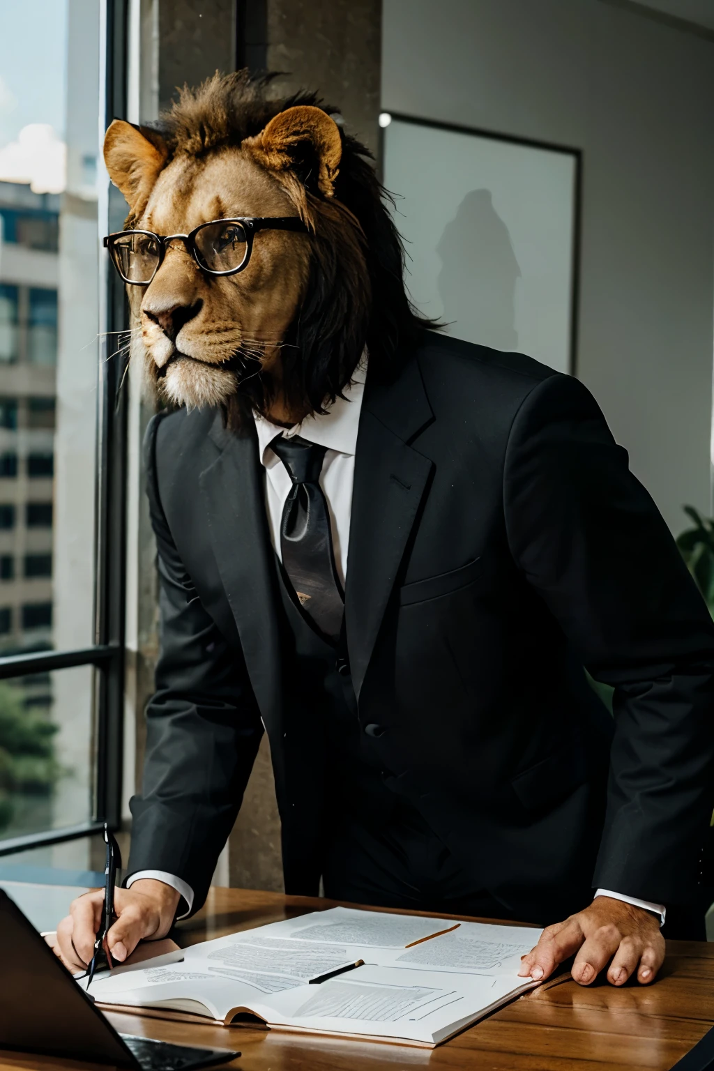 Realistic business lion wearing a black suit, glasses