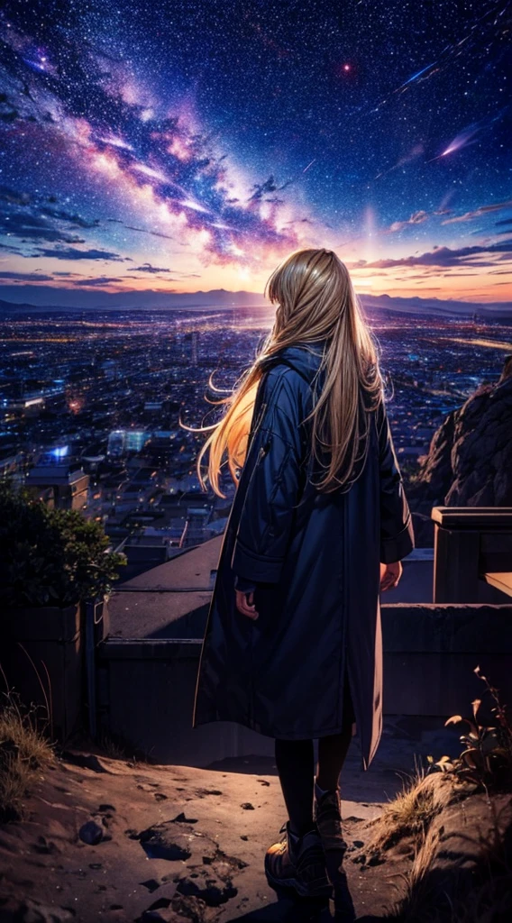 １people々々々々,blonde long hair，long coat，silhouette， Rear view，space sky, milky way, anime style, Night view of the city from the mountainside，