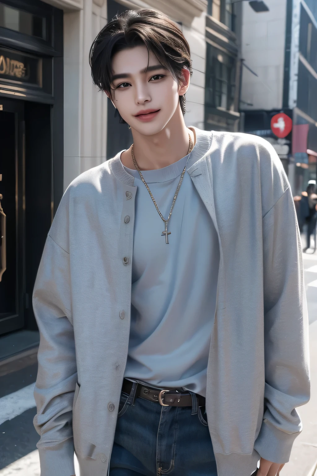 ((highest quality, 8K, masterpiece: 1.3)), New York City、Handsome boy in street fashion:1.5, 20-year-old、Delinquent boy、 well-groomed face, black hair color、thin face、(white skin:1.5)、whole body、black eyes、boy with makeup、Super handsome、sexy eyes、Extra-fine face, handsome nose, small eyes and face, beautiful lighting, High resolution, detailed mouth, laughing out loud, Laughter、Delighted、whole body: 1.5, perfect body shape、super slim,medium hair、STUSSY clothes、silver accessories、Oversized clothes、same clothes