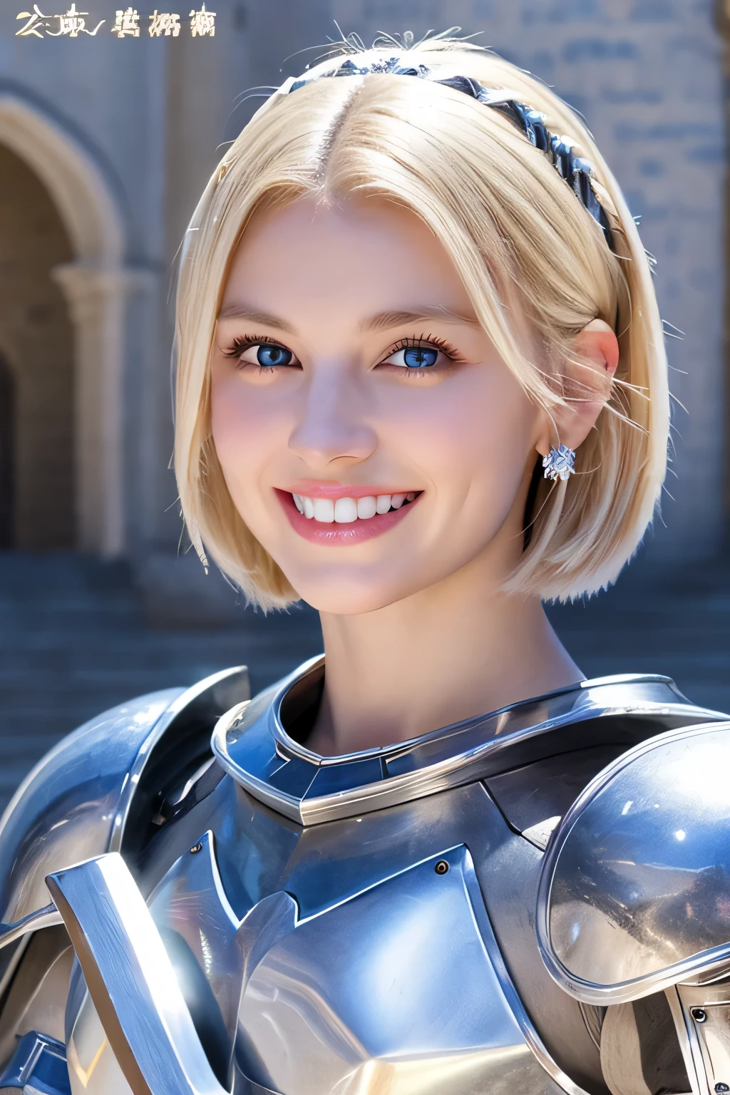 ８Ｋ、highest quality、female knight、Luxurious Silver Armor、、hairstyle short cut、smile、beautiful teeth、full body photo、ear piercing、blonde、white woman、blue eyes、heavy makeup、The background is the interior of the castle..

