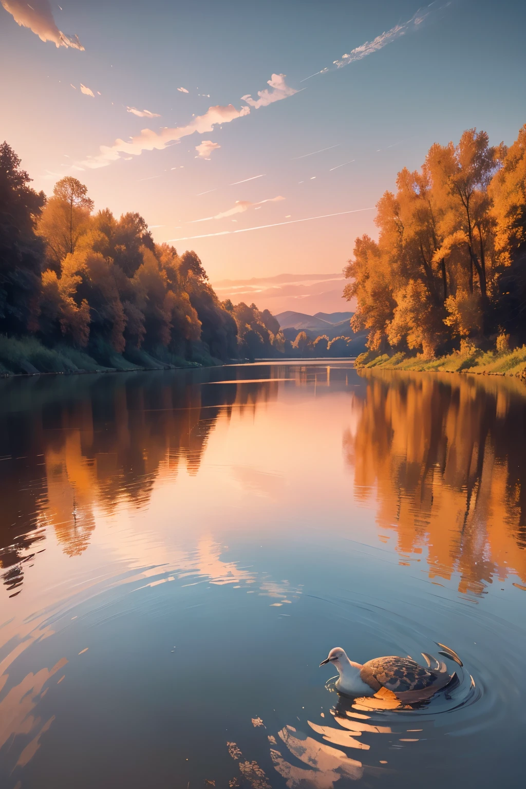 ((masterpiece)), ((best quality)), 8k, high detailed, ultra-detailed, a solitary turtle dove skimming over the surface of a river at sunset, ripples trailing behind, golden hour light reflecting off the water, serene landscape with trees lining the riverbank, soft pink and orange hues in the sky, tranquil atmosphere, (rippling water), distant mountains in the background.