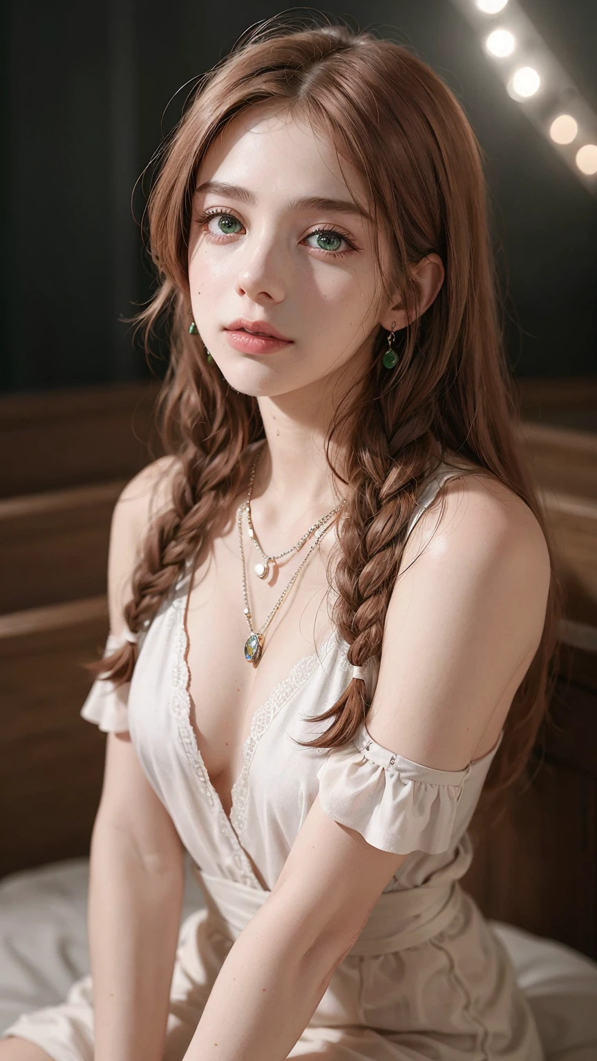 8k, RAW Photography, portrait, top-quality, ultra high resolution, Braid, piercings, Photorealistic, a adorable girl, full bodyesbian, red hair, Green eyes, a necklace, a smile, eye lashes, cinema lighting, depth of fields, lens-flare, camisole, masterpiece, extremely detailed eyes and face, bokeh, silky smooth skin, long beautiful hair
