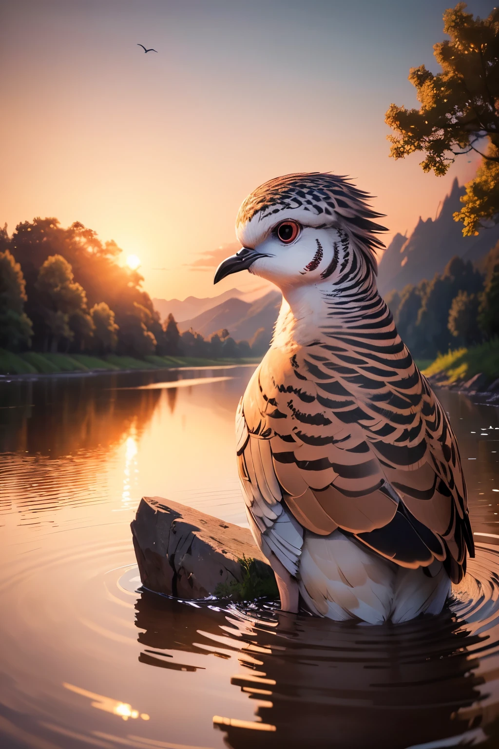 ((masterpiece)), ((best quality)), 8k, high detailed, ultra-detailed, a solitary turtle dove skimming over the surface of a river at sunset, ripples trailing behind, golden hour light reflecting off the water, serene landscape with trees lining the riverbank, soft pink and orange hues in the sky, tranquil atmosphere, (rippling water), distant mountains in the background.