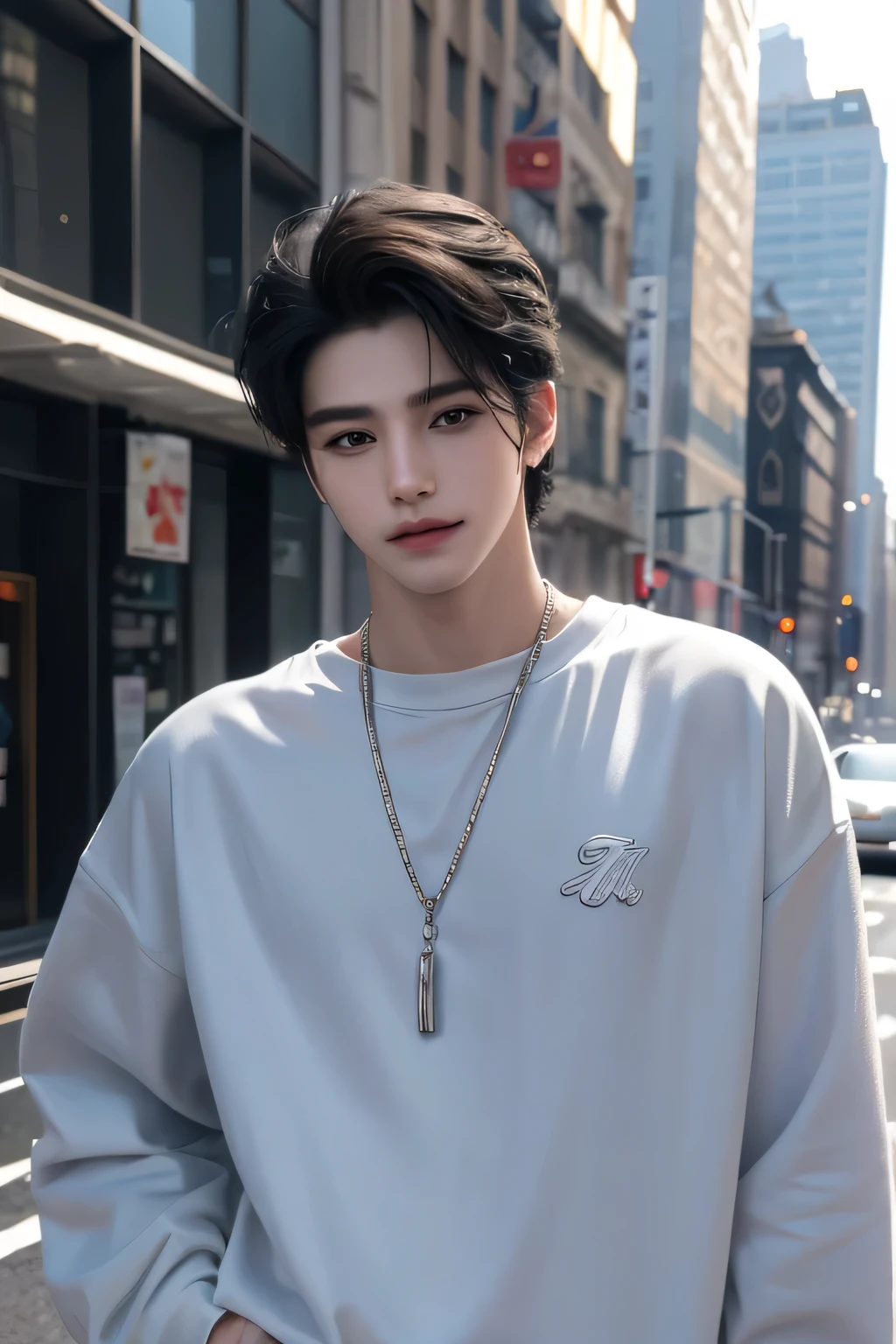 ((highest quality, 8K, masterpiece: 1.3)), New York City、Handsome boy in street fashion:1.5, 20-year-old、Delinquent boy、 well-groomed face, black hair color、thin face、（white skin:1.5）、whole body、beckoning、black eyes、Super handsome、sexy eyes、Extra-fine face, handsome nose, small eyes and face, beautiful lighting, High resolution, detailed mouth, smile, whole body: 1.5, perfect body shape、super slim，medium hair、STUSSY clothes、silver accessories、Oversized clothes、