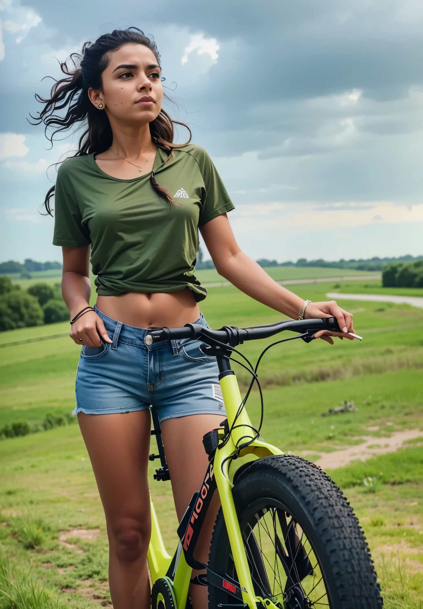 mulher arafiada parada ao lado de uma bicicleta em um campo, foto de uma motociclista, ao ar livre, Cavalgando a bike, roupas verdes, vestindo shorts e camiseta, bicicleta in background, roupas esportivas, bicicleta, Cavalgando, You will not believe, vestida com top e shorts, mulher fofa, casual roupas verdes, mulher baixa e robusta, se divertindo