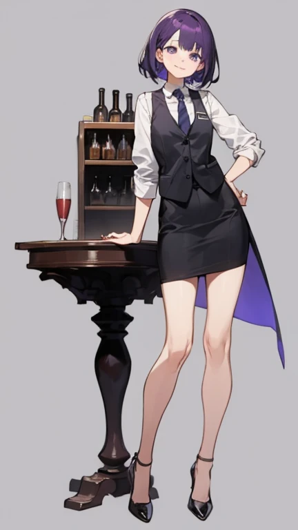 purple hair,woman,bartender,vest,shirt,tie,high heels,simple background,smile,whole body,full body,full body,Arms at sides,Standing picture,vtuber,upright,,look forward to,body facing forward